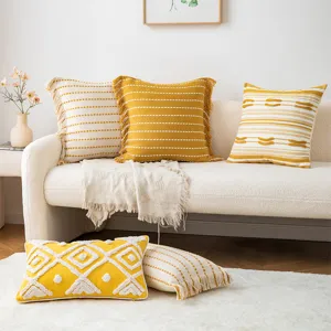 Funda de Cojín Bohemia de Algodón con Mechones Decorativa con Rayas Geométricas y Borlas para Sofá Cama Decoración Hogar