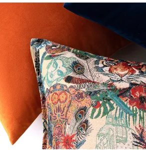 Detail of retro tiger jacquard pillow cover with intricate floral patterns and piped edges.
