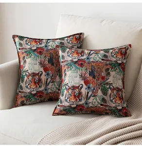 Detailed view of retro tiger jacquard pillows showing vibrant patterns and rich texture.