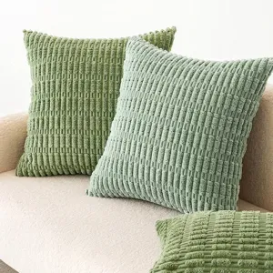 Sage green textured corduroy throw pillow covers with wheat ear pattern for sofa decor