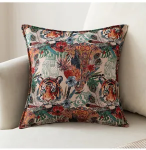 Macro view of vintage tiger and elephant jacquard pattern on a soft pillow cover