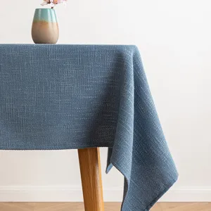 Minimalist blue rectangular tablecloth with high-quality textured cotton linen weave detail