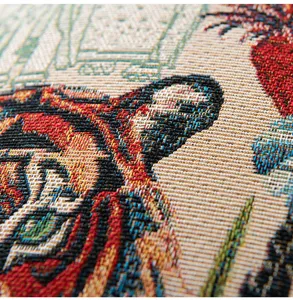 Close-up of retro tiger jacquard woven fabric showing detailed texture.