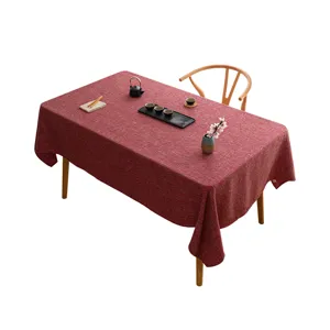 Minimalist red faux linen rectangular tablecloth for dining or tea tables.