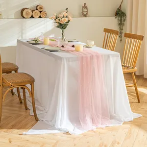 Elegant pink pearl gauze table runner set with white tablecloth for romantic dining decor