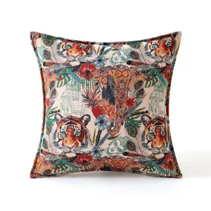 Vintage tiger jacquard woven throw pillow cover with artistic animal and floral patterns
