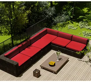 Vibrant red waterproof outdoor sectional sofa cushion covers in a garden setting