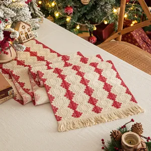 New Year Red Christmas Table Runner Cotton Linen Woven Geometric Pattern Tassel Tablecloth Holiday Festive Home Decor
