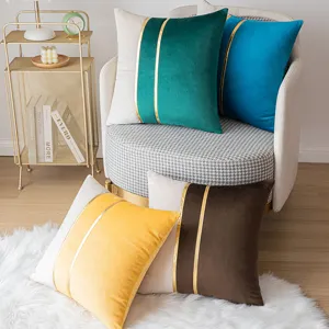 Modern Luxury Velvet Stitched Gold Stripe Cushion Cover Spliced Polyester Throw Pillowcase For Sofa Home Bedroom Decor