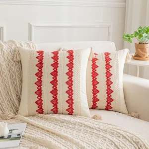 Bohemian jacquard pillow covers with red heart patterns and tassels for sofa decor