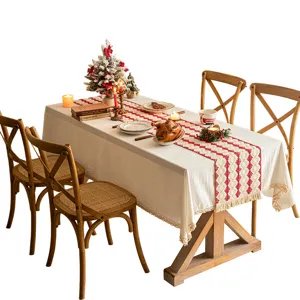 Festive red and cream cotton linen woven table runner with tassels for New Year dining table decor