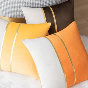Luxury velvet patchwork throw pillow cover with decorative gold stripe for sofa