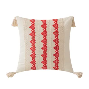 American style jacquard cushion cover with red heart embroidery and corner tassels