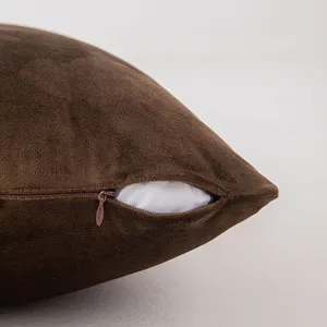 Soft brown velvet cushion cover with invisible zipper detail for sofa decor