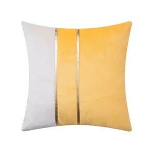 Modern velvet patchwork throw pillow cover with gold metallic strips in yellow and gray