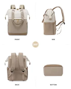 Minimalist women's laptop backpack in beige and cream shown from four angles