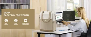 Modern ladies laptop backpack in a professional office setting showing features