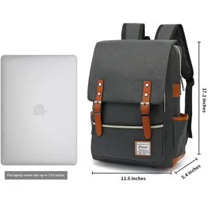 Mochila de lona gris retro con dimensiones y compatibilidad para portátil de 15,6 pulgadas