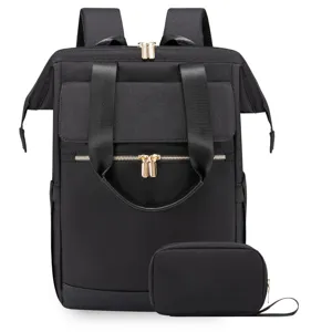 Professional minimalist black women's laptop backpack with matching travel pouch