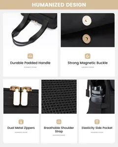Detail showing padded handle, magnetic buckle, and dual metal zippers of laptop backpack