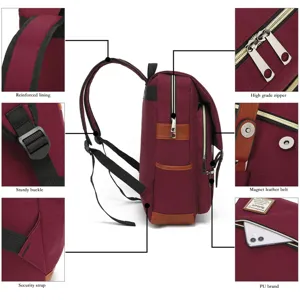 Detalles de mochila para portátil de lona granate con correas reforzadas y cremalleras