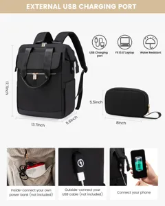 Black laptop backpack for women showing dimensions and external USB charging port