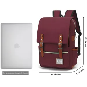Mochila de lona retro burdeos con dimensiones para portátil de 15,6 pulgadas