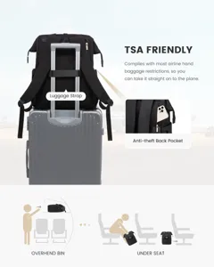 Detail showing the laptop backpack luggage strap and anti-theft back pocket features.