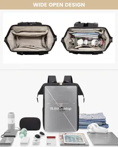 Detailed view of large capacity women's backpack interior with 15.6 inch laptop compartment.