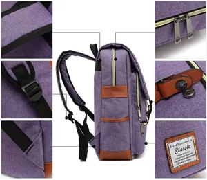 Detalles de mochila de lona vintage con correas resistentes y herrajes metálicos.