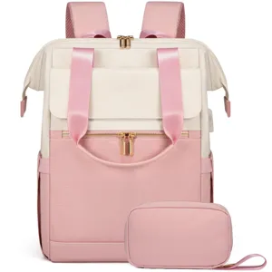 Stylish cream and pink laptop backpack for women with matching small accessory pouch