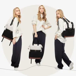 Minimalist large capacity laptop backpack for women shown in multiple views for travel.