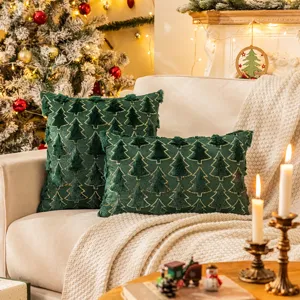 Festlicher grüner Plüsch-Weihnachtskissenbezug mit goldener Baumstickerei und Pailletten