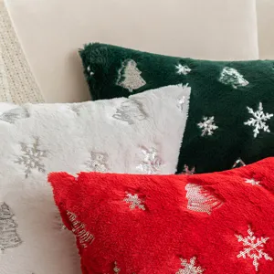 Plush Christmas pillowcases with silver sequin snowflake and tree embroidery decor