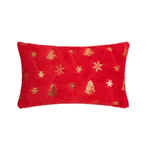 Red plush Christmas pillowcase with gold sequin tree and snowflake embroidery