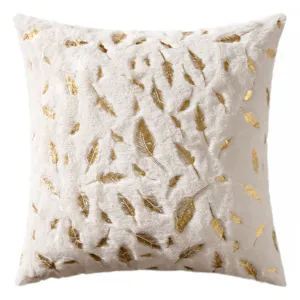 Housse de coussin en peluche blanche avec plumes dorées pour décor de Noël