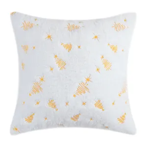 White plush throw pillow cover with golden embroidered Christmas trees and stars