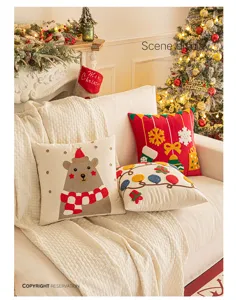 Detailed scene of festive Christmas tufted pillowcases on a cozy and soft white sofa