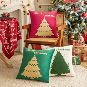 Set of velvet Christmas pillow covers with embroidered tree and Merry Christmas text