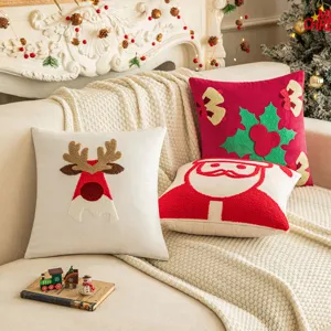 Christmas velvet pillow covers with reindeer and Santa embroidery for festive sofa decor