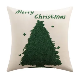 Velvet Christmas pillow cover with green embroidered tree and Merry Christmas text