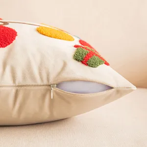 Macro detail of a tufted Christmas pillowcase showing the hidden zipper closure