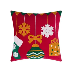 Red Christmas tufted pillowcase cushion cover with festive holiday embroidery patterns