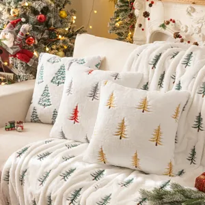 Cozy faux rabbit fur pillow covers with festive Christmas tree embroidery for home decor