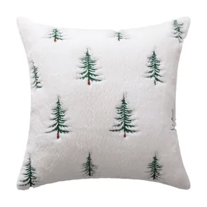 Premium white faux rabbit fur throw pillow cover with green Christmas tree embroidery