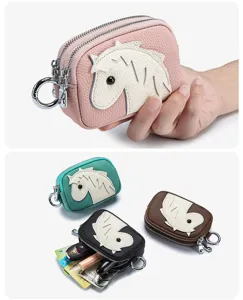 Compact leather coin purses featuring cartoon horse design and double zipper closure