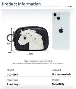 Close-up detail showing cowhide coin purse dimensions alongside an iPhone for scale.