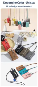Detail shot of various dopamine color genuine leather neck-hanging coin and key purses.
