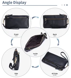 Vues détaillées d'une pochette en cuir véritable noir pour femme avec dragonne