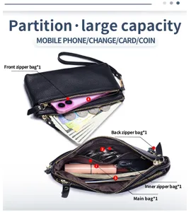 Pochette femme en cuir véritable avec multiples compartiments de rangement zippés